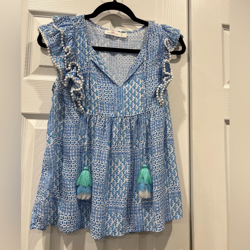 Vineyard Vines Blue White Printed Ruffle Tassel Blouse